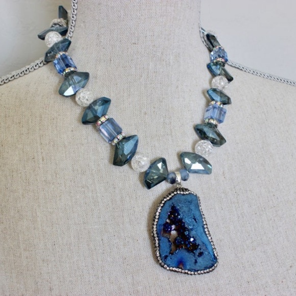 Cobalt Blue Druzy Stone Pendant Crystals Necklace - Picture 6 of 7